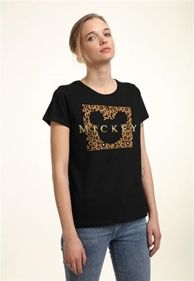 Disney Mickey & Friends - Leopard Square Mick Bisiklet Yaka T-Shirt Tişört Kadın