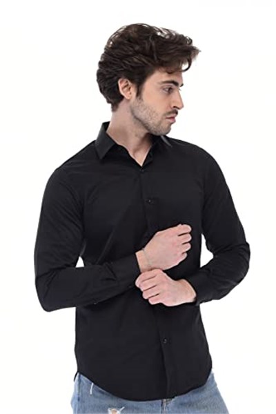 Dm.ZAWA Pamuklu Günlük Erkek Gömlekleri Uzun Kollu Düz Gömlekler (Slim Fit)