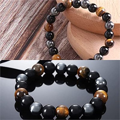 Doğal Enerji Taşları Yoga Bileklikleri 2 Adet Siyah Obsidyen Kaplan Gözü Taş Hematit Bileklik Kaplan Gözü Üç Katlı Bileklik Gerçek Kaplan Gözü ve Hematit Bileklik Erkekler ve Kadınlar için Hediye Baba