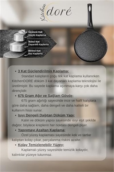 Döküm Krep Tavası Yapışmaz Yüzeyli 3 Katmanlı Kaplama