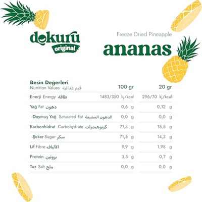 Dokuru Original Ananas Atıştırmalık Meyve Cipsi - Dondurularak Kurutulmuş Ananas - 20 gr