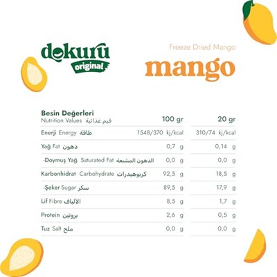 Dokuru Original Mango Atıştırmalık Meyve Cipsi - Dondurularak Kurutulmuş Mango - 20 gr