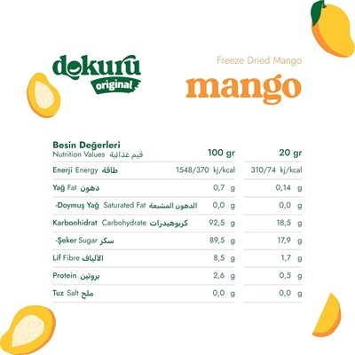 Dokuru Original Mango Atıştırmalık Meyve Cipsi - Dondurularak Kurutulmuş Mango - 20 gr