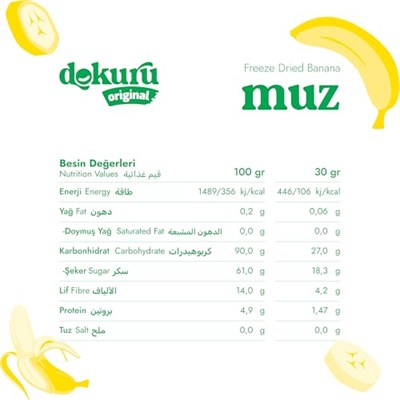 Dokuru Original Muz Atıştırmalık Meyve Cipsi - Dondurularak Kurutulmuş Muz - 30 gr