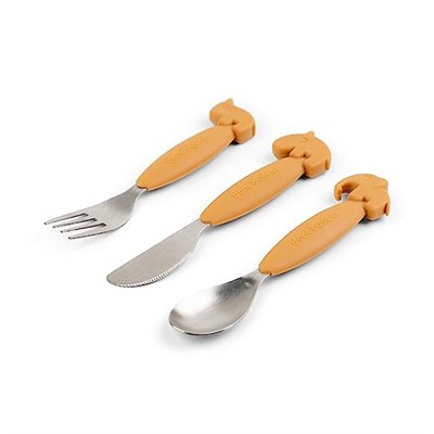 Done by Deer Easy grip Geyik Arkadaşları Hardal Sarısı Çatal Bıçak Takımı - Kaşık, Çatal ve Bıçaklı - Yumuşak, Kaymaz Silikon Saplı Çocuk Çatal Bıçak Takımı - Çocuklar için Sevimli Vaftiz Hediyeleri
