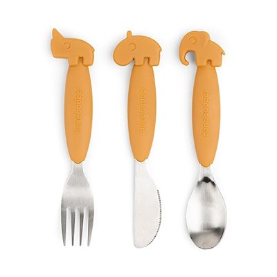 Done by Deer Easy grip Geyik Arkadaşları Hardal Sarısı Çatal Bıçak Takımı - Kaşık, Çatal ve Bıçaklı - Yumuşak, Kaymaz Silikon Saplı Çocuk Çatal Bıçak Takımı - Çocuklar için Sevimli Vaftiz Hediyeleri