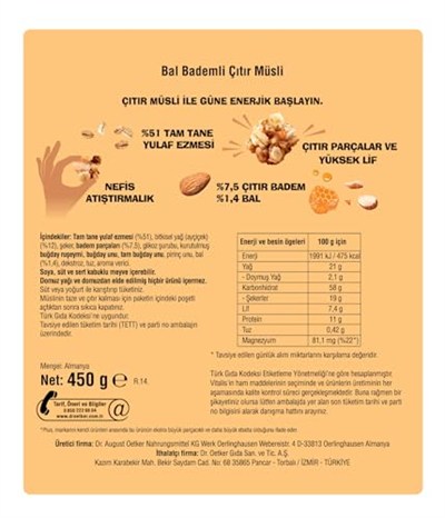 Dr. Oetker Vitalis Bal Bademli Çıtır Müsli 450 Gr