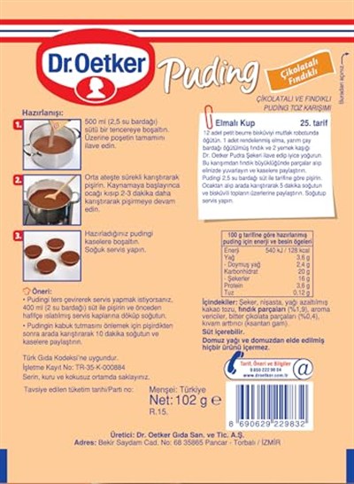 Dr. Oetker Puding Çikolatalı Fındık Aromalı 102 Gr 3lü paket