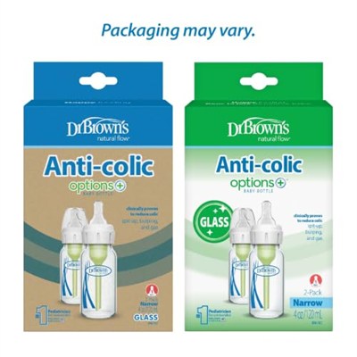 Dr. Browns Natural Flow® Anti-Colic Options+™ Dar Cam Biberon, 4 oz/250 ml Seviye 1 Yavaş Akış Nipeli, 2li Paket, 0 m+
