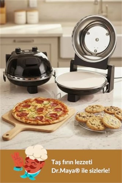 Dr.Maya® Taş Fırın Makinesi - PRO+ - Retro, Çıkarılabilir Taş Tabanlı, Güveç ve Tepsi Koyulabilir Profesyonel Pizza ve Lahmacun Pişirme (Siyah)