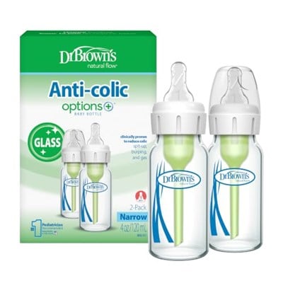 Dr. Browns Natural Flow® Anti-Colic Options+™ Dar Cam Biberon, 4 oz/250 ml Seviye 1 Yavaş Akış Nipeli, 2li Paket, 0 m+