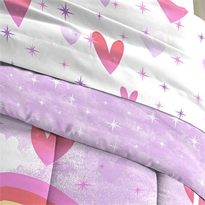 dream FACTORY Çocuk 5 Parçalı Komple Set Kolay Yıkanır Süper Yumuşak Mikrofiber Yorgan Yatağı, İkiz, Mor Tek Boynuzlu At Gökkuşağı
