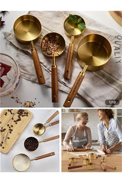 DUFFA Premium Ahşap Saplı Gold Ölçü Kabı Seti - 4lü Paslanmaz Çelik Gold Ölçü Kaşığı ve Kabı, Şef Tipi Hassas Sıvı ve Kuru Malzeme Ölçeği, Mutfak ve Pişirme Seti