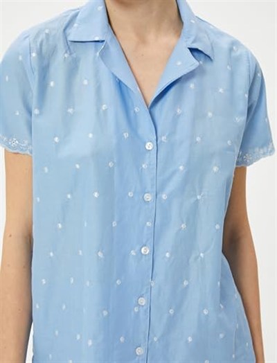 Düğmeli Pijama Üstü Nakışlı Gömlek Yaka Kısa Kollu