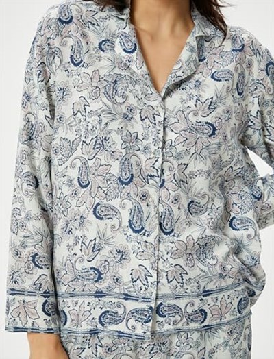 Düğmeli Pijama Üstü Uzun Kollu Desenli
