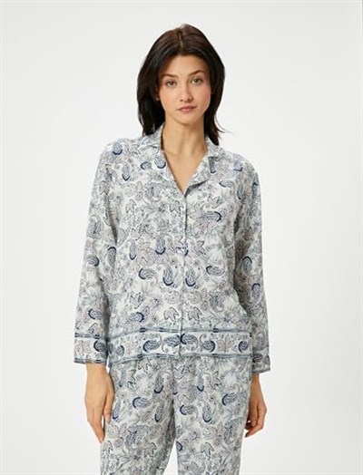 Düğmeli Pijama Üstü Uzun Kollu Desenli