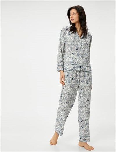 Düğmeli Pijama Üstü Uzun Kollu Desenli