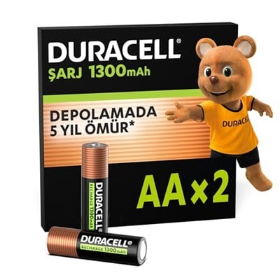 Duracell Şarj Edilebilir Pil AA Kalem (2Li Paket), 1300 Mah Nimh, 2000 Sarj Döngüsü, Önceden Sarj Edilmiştir