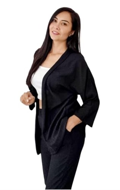 Duygu Dilsiz Kadın Siyah Bürümcük Kumaş Kimono Takım, Pantolon ve Ceket