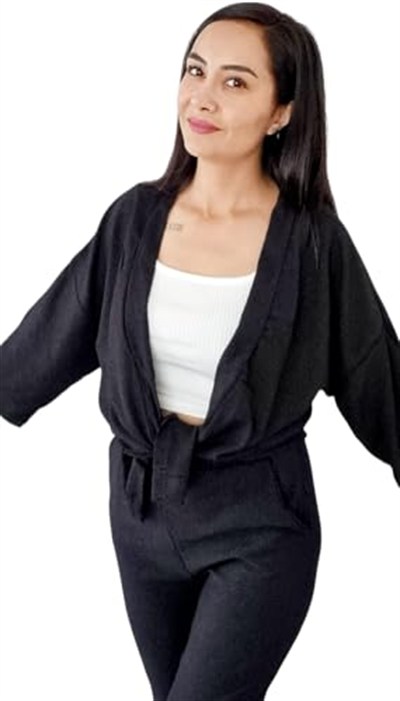 Duygu Dilsiz Kadın Siyah Bürümcük Kumaş Kimono Takım, Pantolon ve Ceket