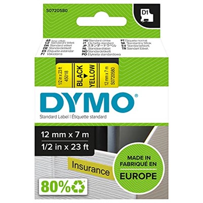 Dymo S0720580, D1 Yedek Şerit (12 mm x 7 mt), Sarı/Siyah (45018) - Seçenekler: 1 Piece, 6 MmX7 M, 6 mm x 7 mt, 9 mm x 7 mt, 10 adet...