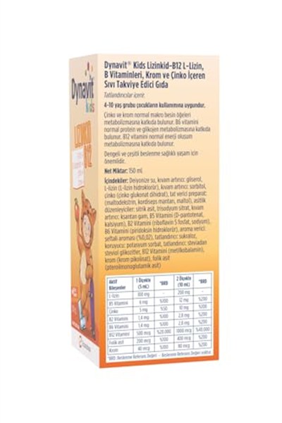 Dynavit Kids Lizinkid-B12 Şurup 150mL- Yemek Zamanı – Çocuk L-lizin Aminoasit Destek, B Vitamin, Krom, Çinko