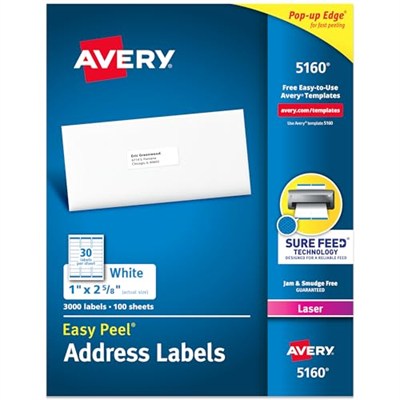 Easy Peel Laser adresi etiket, 1 x 2 – 5/8, beyaz, 3000/box, sold AS 1 Box