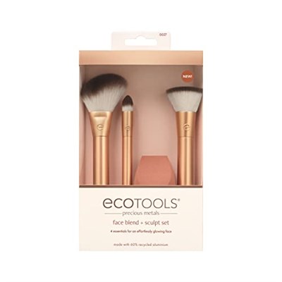 EcoTools Değerli Metaller Yüz Karışımı ve Şekillendirici Seti, Makyaj Fırça Seti, Temel Fırçası, Çevre Dostu Makyaj Fırça Seti, Geri Dönüşümlü Alüminyum, Krom, Hassas, 4 Parça Set