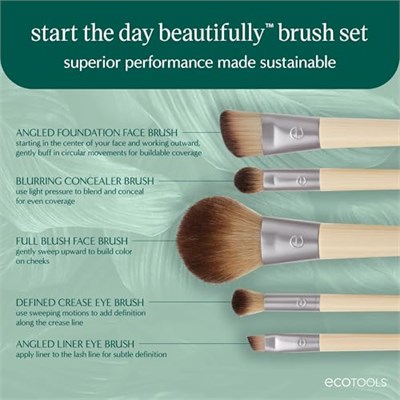 EcoTools Güne Güzel Başlayın Makyaj Fırça Seti, Göz Farı, Fondöten, Allık ve Kapatıcı İçin, Saklama Tepsisi ile, Seyahat Dostu Makyaj Fırçası Zımbaları, Çevre Dostu, Zulüm İçermez, 6 Parça Set