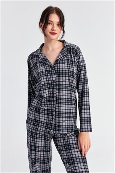 Ecrou Kadın Gri Siyah Ekose Desen Uzun Kol Bebe Yaka Pantolon Pijama Takım
