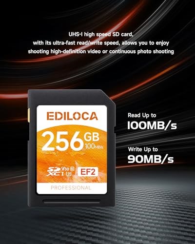 Ediloca EF2_256GB UHS-I SD Kart SDXC UHS-I Hafıza Kartı Hızlı Depolama, Okuma Hızı 100MB/s, Yazma Hızı 90MB/s, C10, U3, V30, Full-HD ve 4K Video, SD Kart, Profesyonel Fotoğrafçılar için Olması Gereken