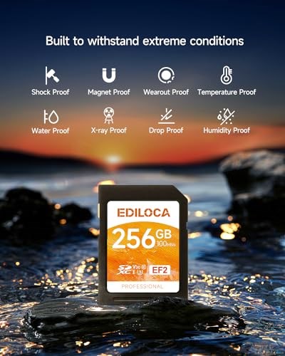 Ediloca EF2_256GB UHS-I SD Kart SDXC UHS-I Hafıza Kartı Hızlı Depolama, Okuma Hızı 100MB/s, Yazma Hızı 90MB/s, C10, U3, V30, Full-HD ve 4K Video, SD Kart, Profesyonel Fotoğrafçılar için Olması Gereken