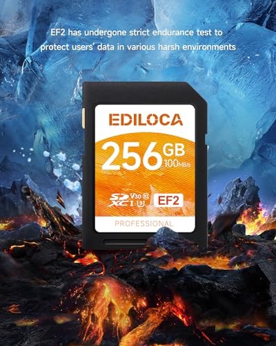 Ediloca EF2_256GB UHS-I SD Kart SDXC UHS-I Hafıza Kartı Hızlı Depolama, Okuma Hızı 100MB/s, Yazma Hızı 90MB/s, C10, U3, V30, Full-HD ve 4K Video, SD Kart, Profesyonel Fotoğrafçılar için Olması Gereken