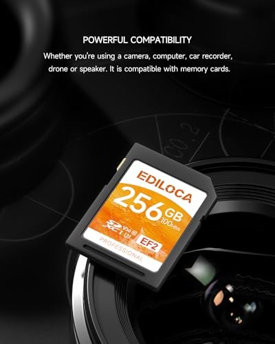 Ediloca EF2_256GB UHS-I SD Kart SDXC UHS-I Hafıza Kartı Hızlı Depolama, Okuma Hızı 100MB/s, Yazma Hızı 90MB/s, C10, U3, V30, Full-HD ve 4K Video, SD Kart, Profesyonel Fotoğrafçılar için Olması Gereken