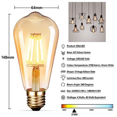 Edison Vintage LED Ampul E27 (4W/220V) 2600-2700 K Retro Antik, Kehribar Sıcak, 6lı Paket
