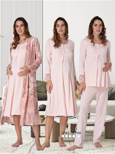 Effort Kadın Gri Hamile Lohusa Sabahlıklı Gecelik Ve Pijama Takımı Set Effortt