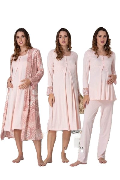 Effort Kadın Gri Hamile Lohusa Sabahlıklı Gecelik Ve Pijama Takımı Set Effortt