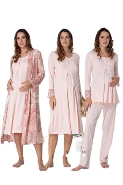 Effort Kadın Gri Hamile Lohusa Sabahlıklı Gecelik Ve Pijama Takımı Set Effortt