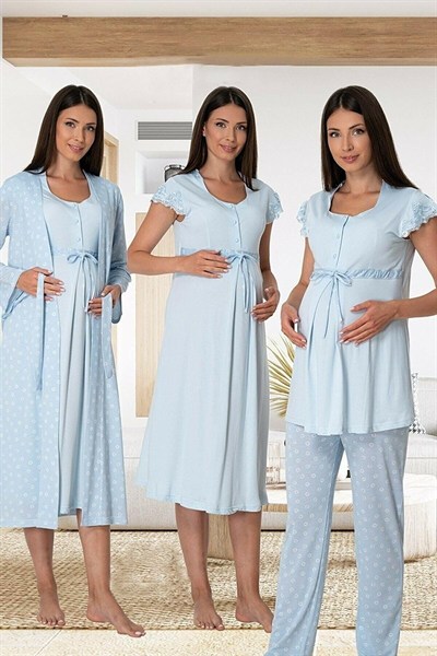 Effort Kadın Lacivert Hamile Lohusa Sabahlıklı Gecelik Ve Pijama Takım Set