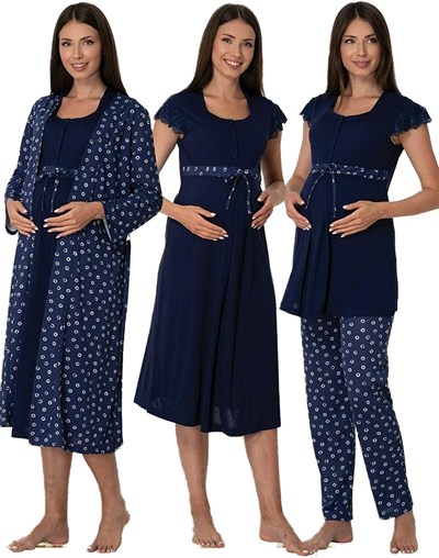 Effort Kadın Lacivert Hamile Lohusa Sabahlıklı Gecelik Ve Pijama Takım Set