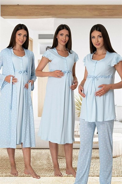 Effort Kadın Lacivert Hamile Lohusa Sabahlıklı Gecelik Ve Pijama Takım Set