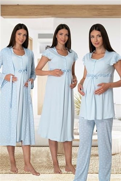 Effort Kadın Lacivert Hamile Lohusa Sabahlıklı Gecelik Ve Pijama Takım Set