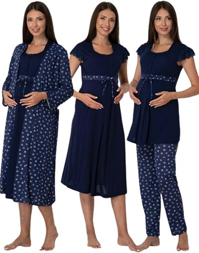 Effort Kadın Lacivert Pamuklu Hamile Lohusa Sabahlıklı Gecelik Ve Pijama Takım Set