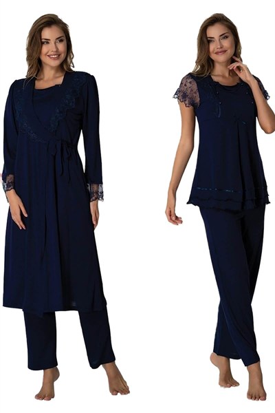 Effort Kadın Lacivert Sabahlıklı Hamile Lohusa Pijama Takımı, M, EF2054EF-19804IGP266266