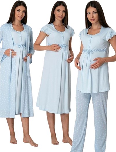 Effort Kadın Mavi Pamuklu Hamile Lohusa Sabahlıklı Gecelik Ve Pijama Takım Set