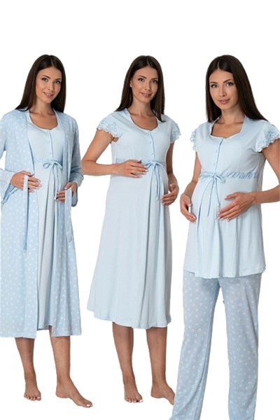Effort Kadın Mavi Pamuklu Hamile Lohusa Sabahlıklı Gecelik Ve Pijama Takım Set