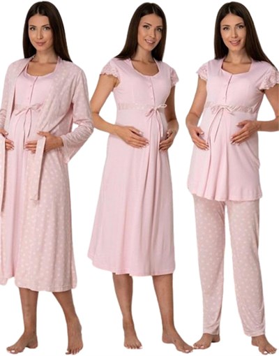 Effort Kadın Pembe Pamuklu Hamile Lohusa Sabahlıklı Gecelik Ve Pijama Takım Set