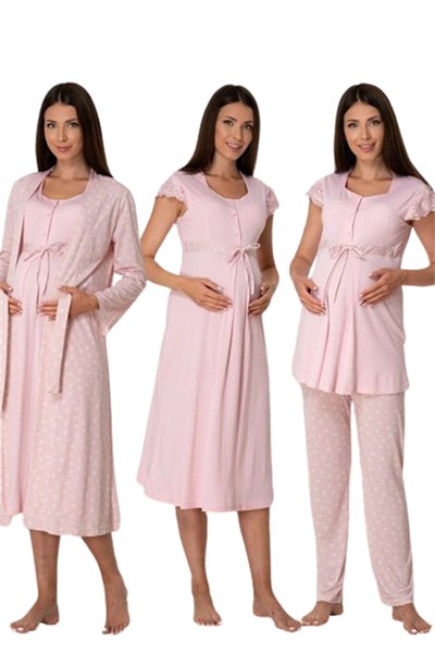 Effort Kadın Pembe Pamuklu Hamile Lohusa Sabahlıklı Gecelik Ve Pijama Takım Set