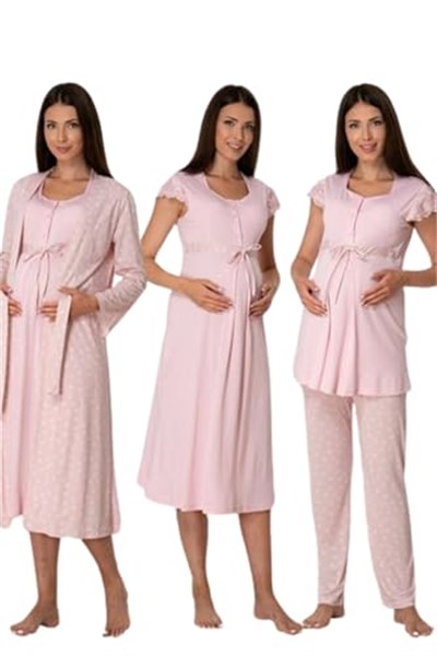 Effort Kadın Pembe Pamuklu Hamile Lohusa Sabahlıklı Gecelik Ve Pijama Takım Set