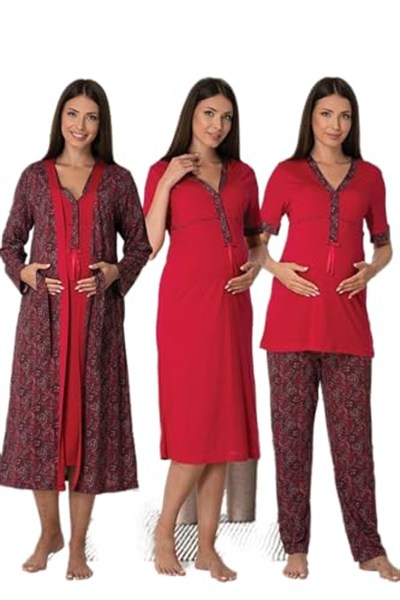 Effort Kadın Vişne Hamile Lohusa Sabahlıklı Gecelik Ve Pijama Set